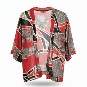 Chico's Easywear Tami 3/4 Sleeve Open Front Kimono Cardigan SZ 2/L/12 Red Black